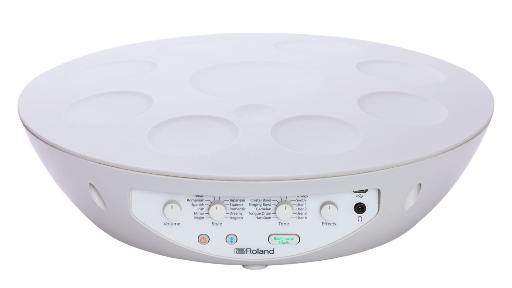 Roland Mood Pan product shot on a white background. It's a bowl-shaped device with 9 sunken pads on the top surface and a control panel on the side.
