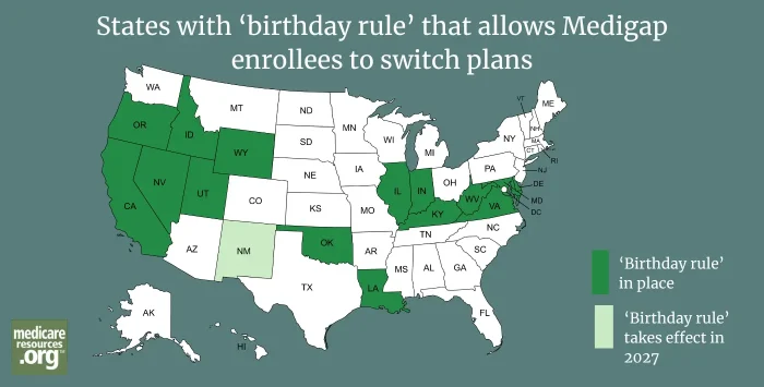 Map of US states, states with Medicare birthday rule are in green and those taking effect in 2027 in light green.
