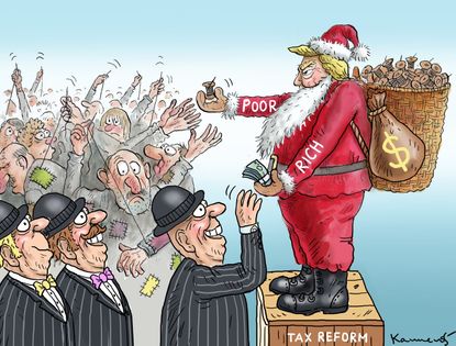 Political cartoon U.S. GOP tax plan 1 percent Christmas Trump
