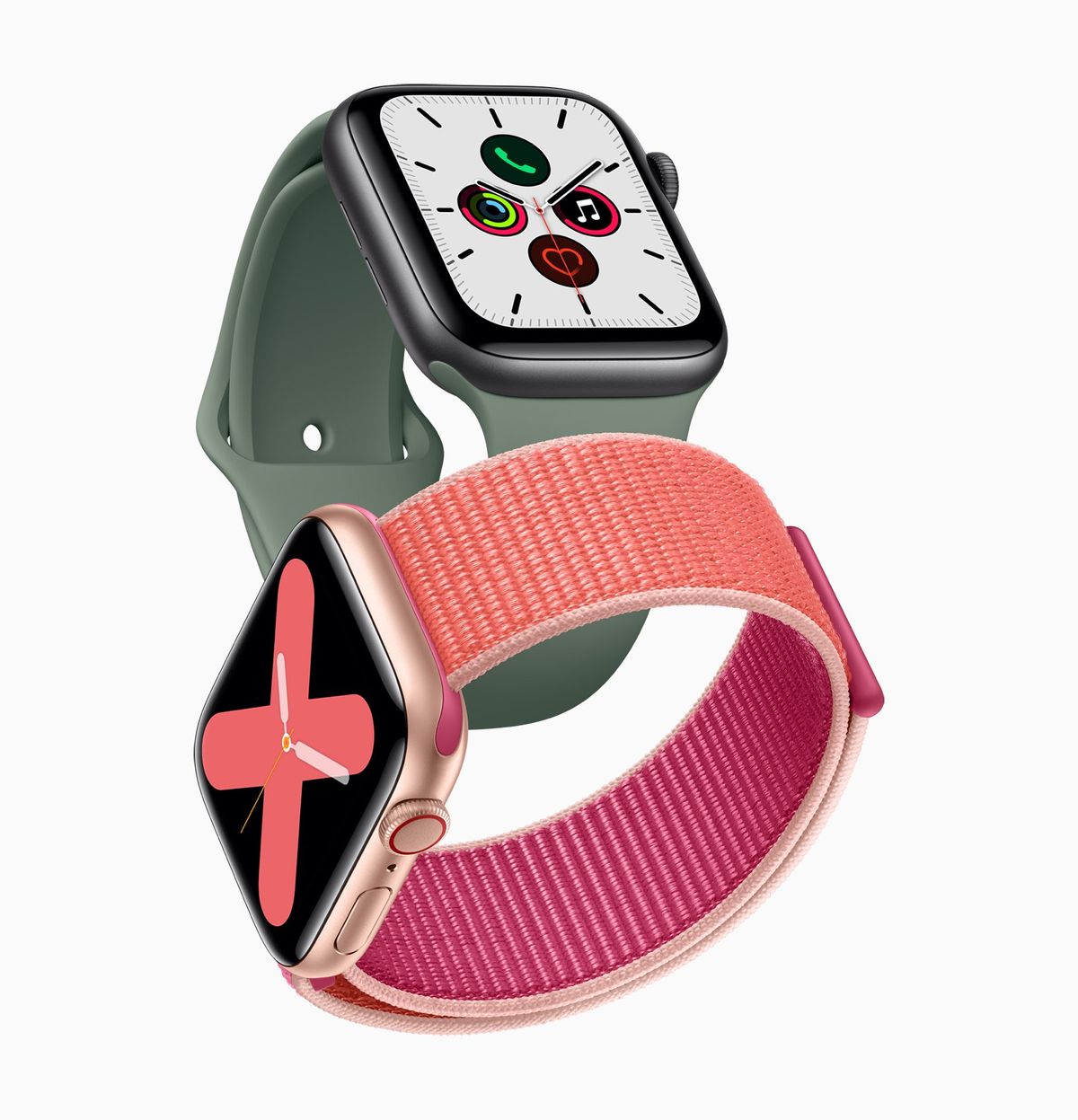 Apple Watch Series 5 Gold Aluminum Case Pomegranate Band And Space Gray Aluminum Case Pine Green Band