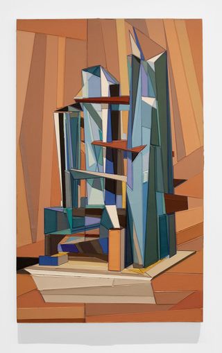 Architectural art painting, tall angled shapes, multicolours on an orange striped background