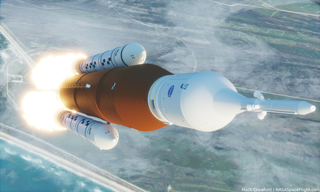Artist's concept of Artemis 1, with the Orion spacecraft on top (under the abort system).
