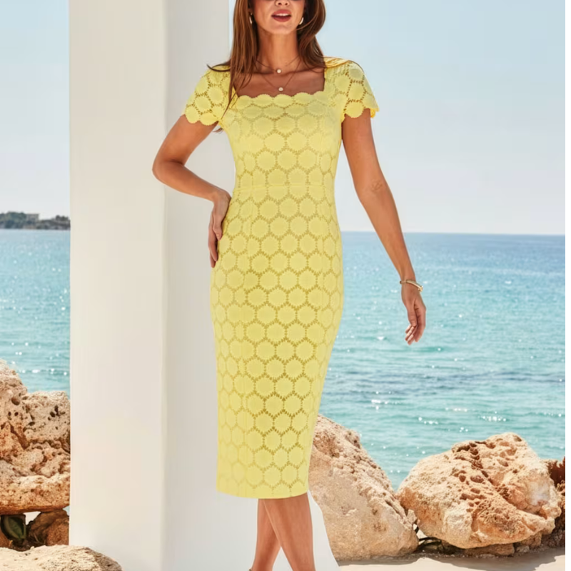Sosandar, Lace Square Neck Midi Bodycon Dress