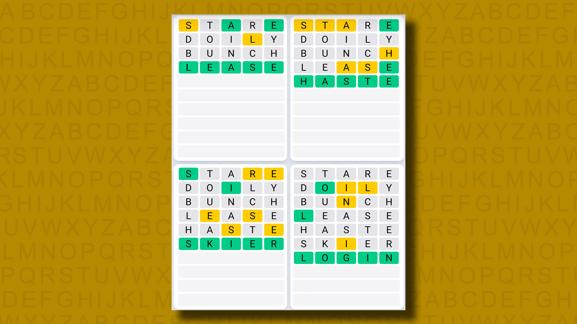 Quordle Daily Sequence Answers for Game 969 on a yellow background