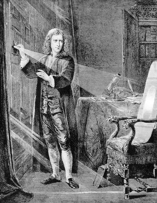 Illustration of Isaac Newton examining light passing through a prism.