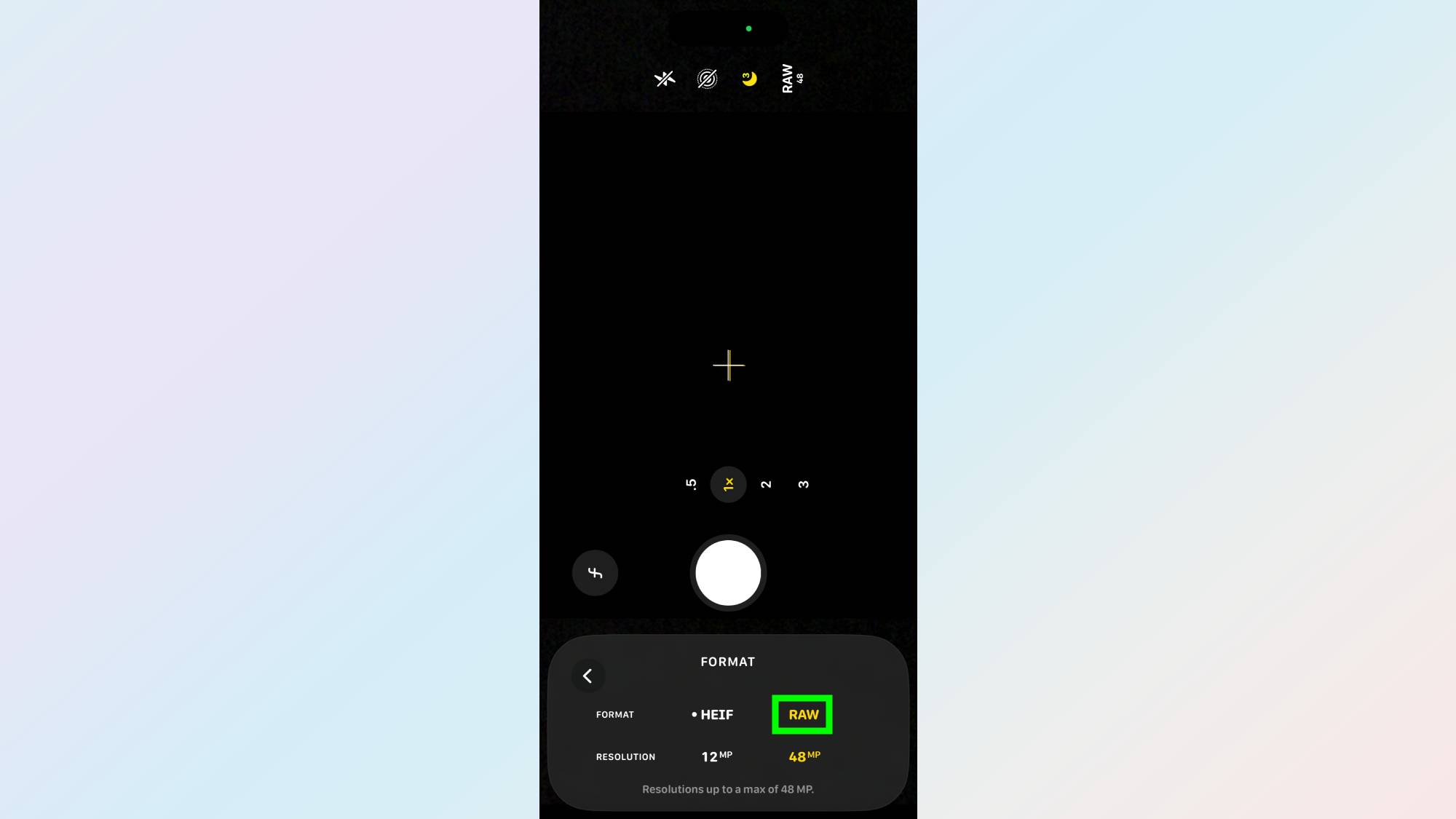RAW turned on in iPhone 15 Pro camera settings