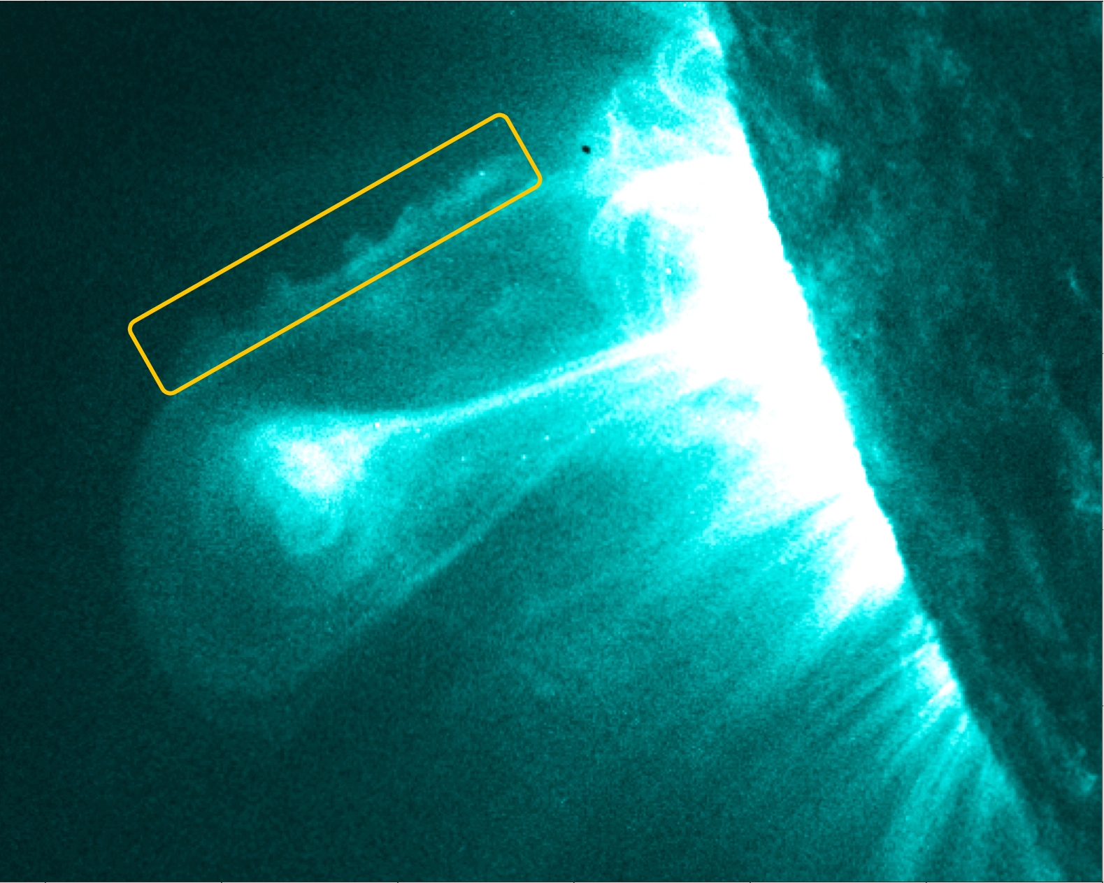 Image showing instabilities along the edge of a cloud of material exploding from the sun.