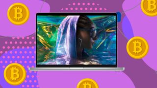 A new MacBook Pro surrounded by fake Bitcoins