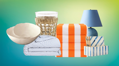 coastal decor items on a colorful background