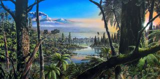 An illustration of the temperate rainforest that thrived in West Antarctica about 90 million years ago, when dinosaurs still walked the Earth.