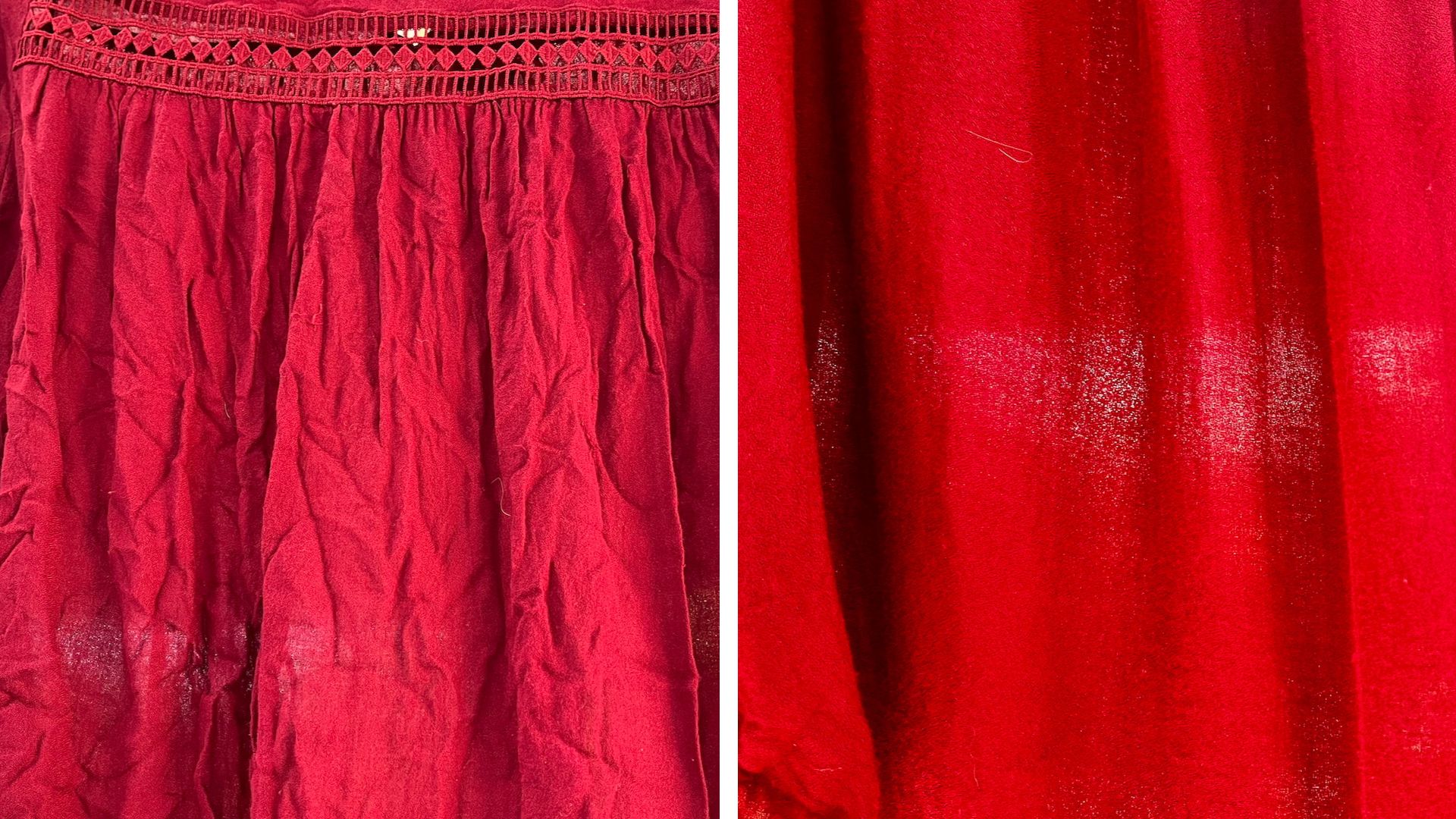 A close-up of a red top before and after being sprayed with crease release spray: with deep wrinkles on the left, and smooth on the right