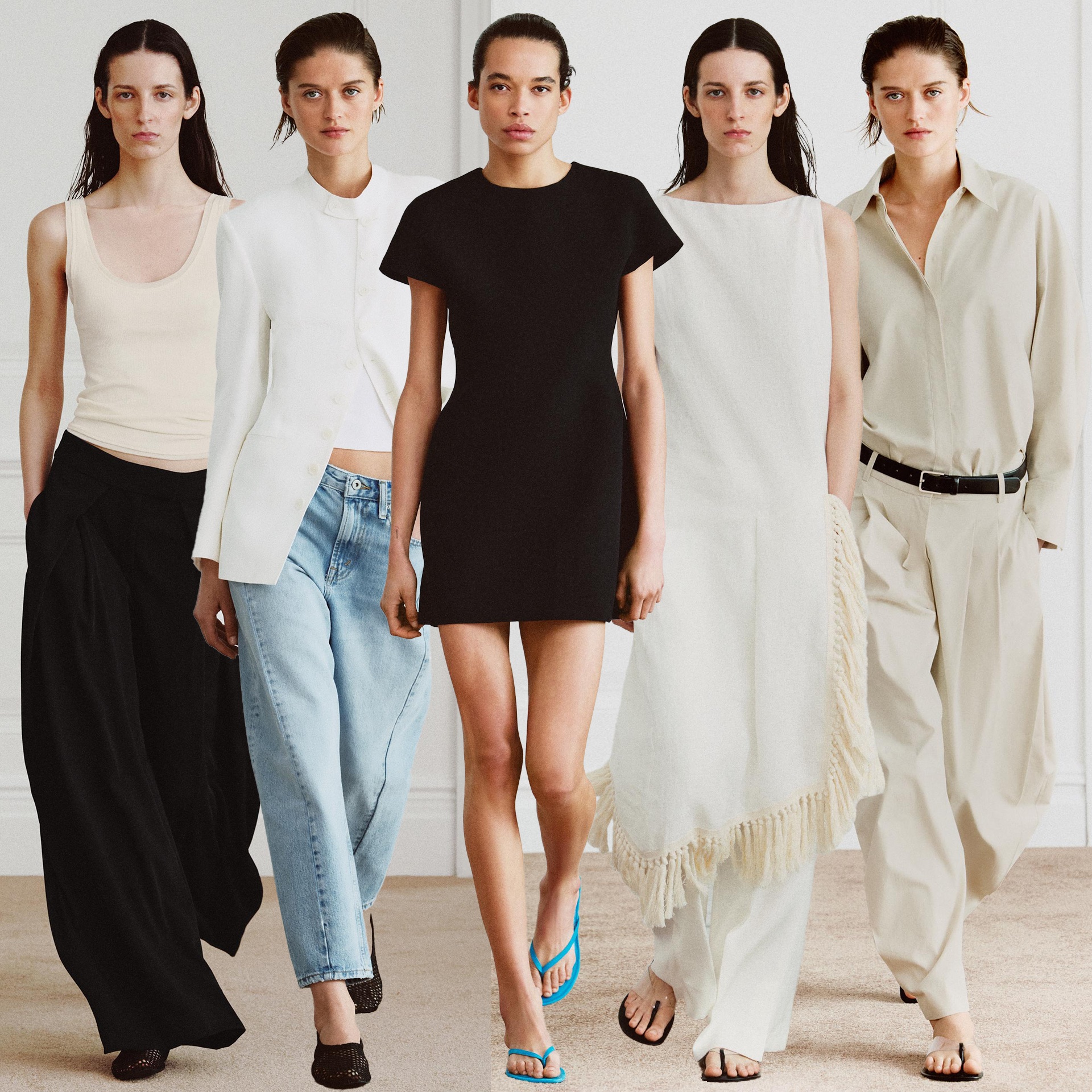 fashion collage of Zara ZW collection model shots with spring and summer 2026 outfits that look like The Row, Khaite or Toteme 