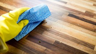 picture of someone wiping counter with glove and cloth