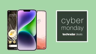 iPhone 14 Pro, Google Pixel 7, and Galaxy S22 on mint green background with Cyber Monday deals text overlay