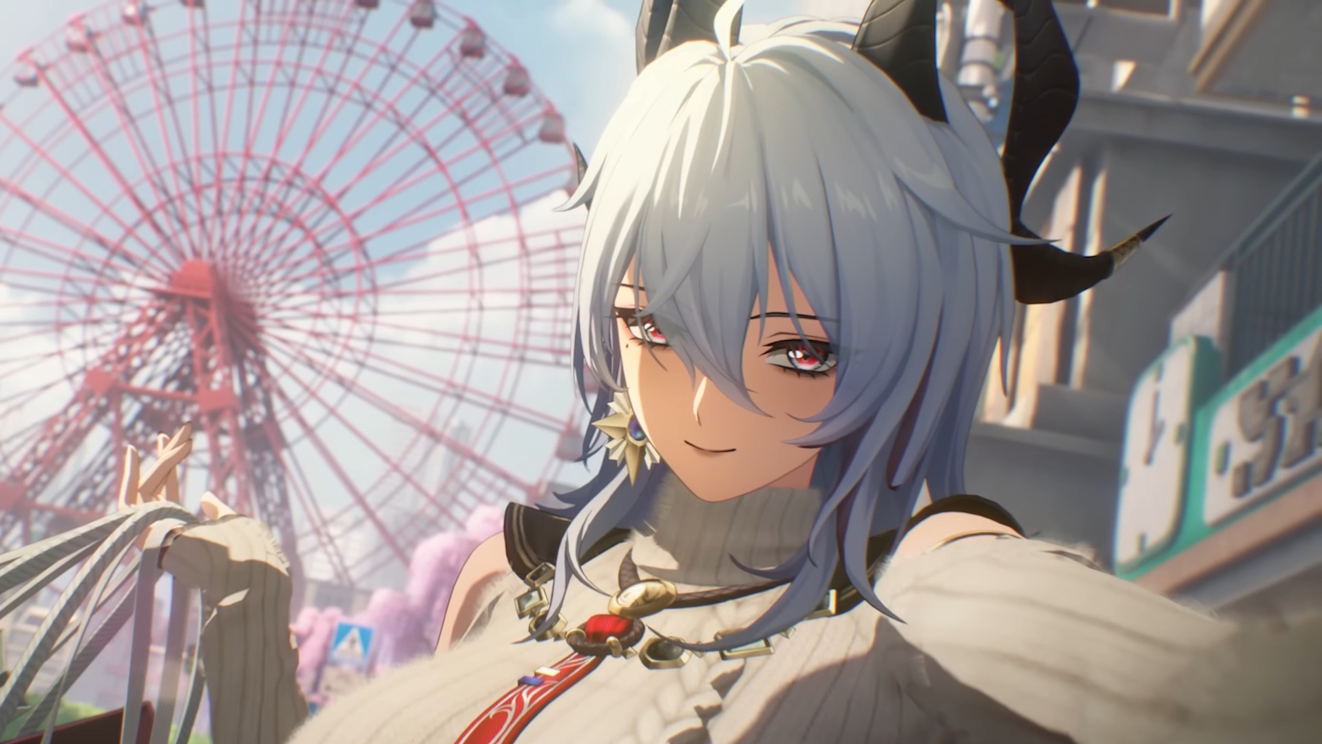 Wuthering Waves character Zani pointing at a Ferris wheel