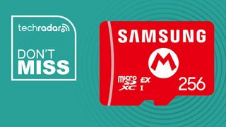 Mario red Samsung microSD Express Card 256GB on cyan background with don't miss sign