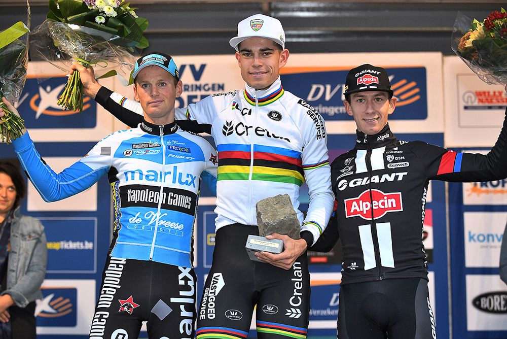 Kevin Pauwels, Wout Van Aert and Lars van der Haar on the Koppenbergcross podium