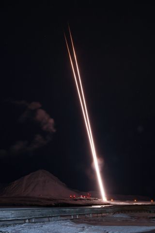 The first stages of the VISIONS-2 mission's sounding rockets lift off in this time lapse.