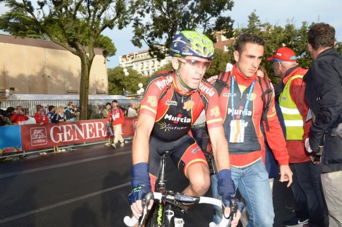 Alejandro Valverde (Spain) makes his way to the podium after winning the bronze medal in Florence