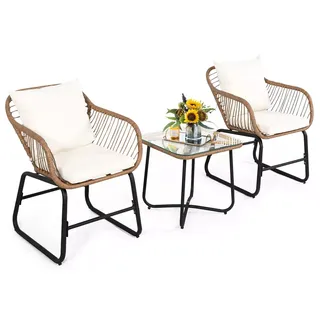 Tangkula 3pcs Patio Rattan Furniture Set Outdoor Bistro Set W/washable Cushion Conversation Set W/2 Armchairs for Backyard White