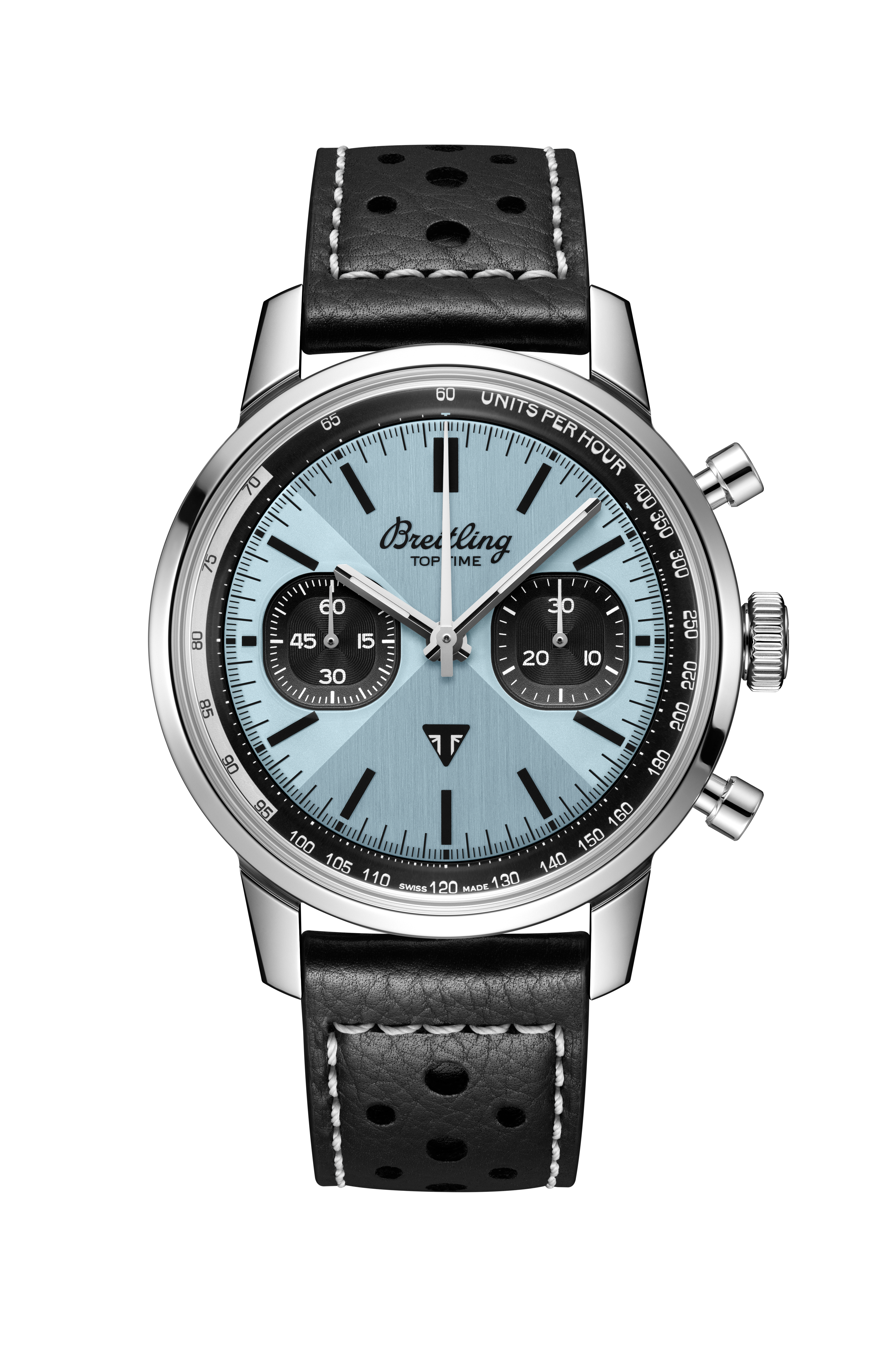 Blue dial watch on a black leather strap
