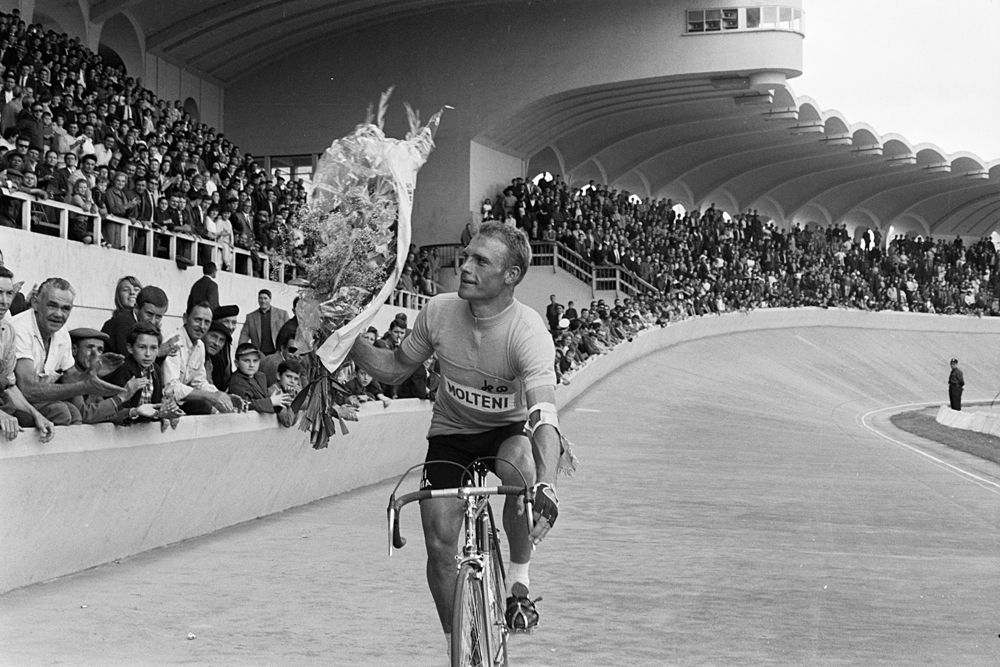 Rudi Altig gets a lap of honour after winning the Tour de France green jersey