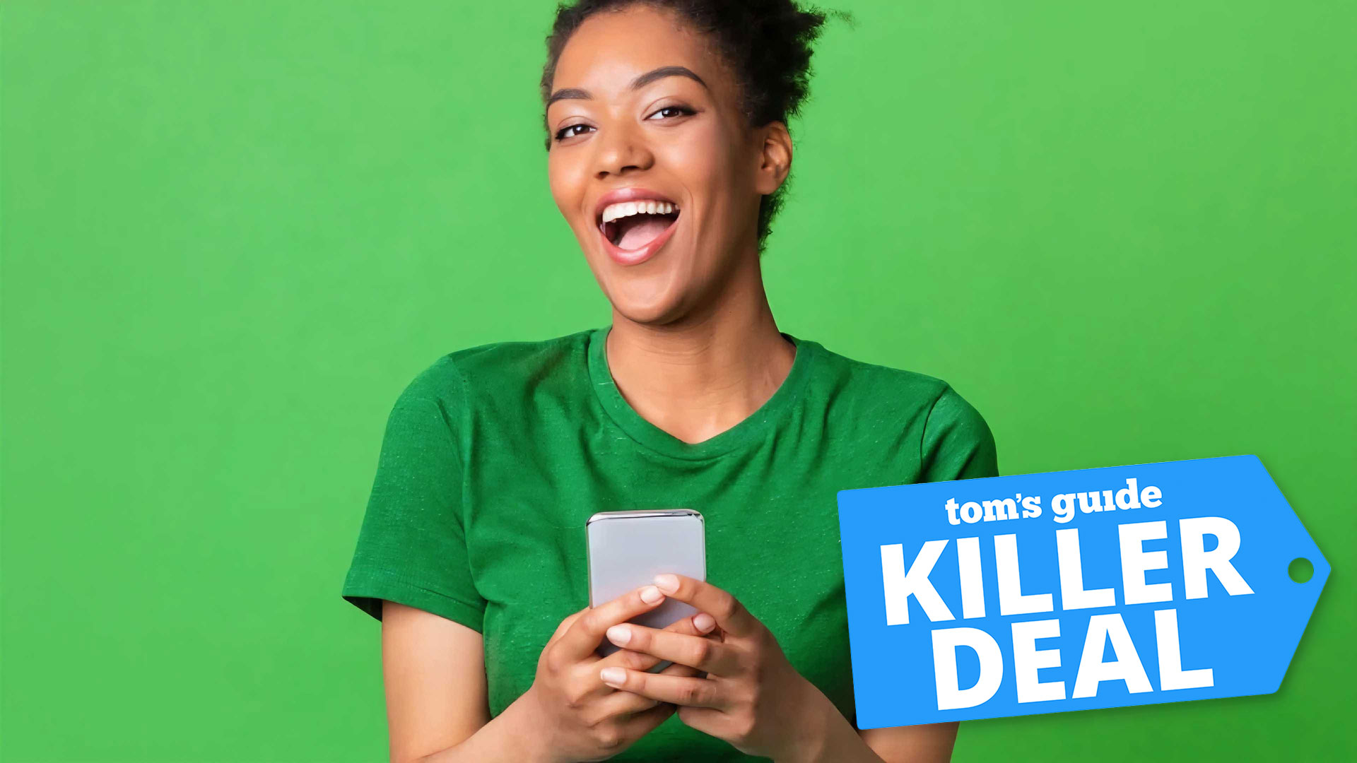 Woman smiling while holding a phone against a green background with 'Killer Deal' badge overlaid