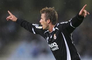 David Beckham celebrates after scoring a free-kick for Real Madrid against Real Sociedad in 2007.