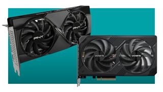 An image of a Gigabyte and PNY RTX 5060 Ti graphics card together on a teal background, with a white border