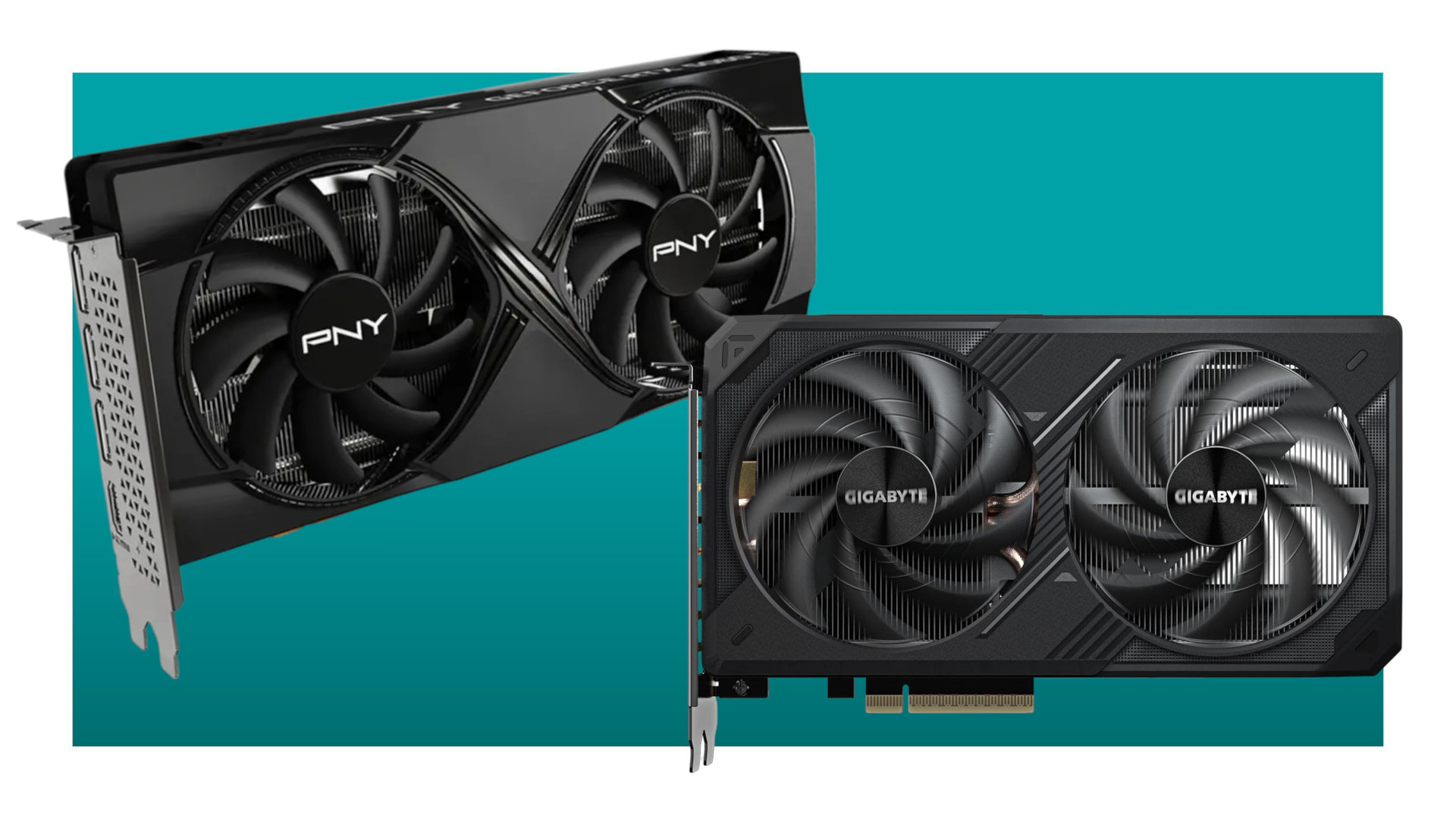 An image of a Gigabyte and PNY RTX 5060 Ti graphics card together on a teal background, with a white border