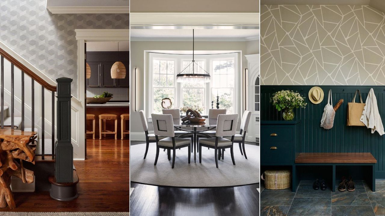 Three rooms designed by House of Funk: an entryway, dining room, and mudroom