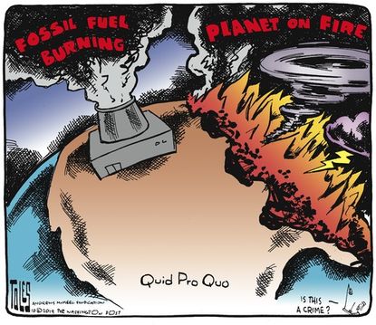 Editorial Cartoon U.S. Fossil Fuel Burning Planet On Fire No Quid Pro Quo