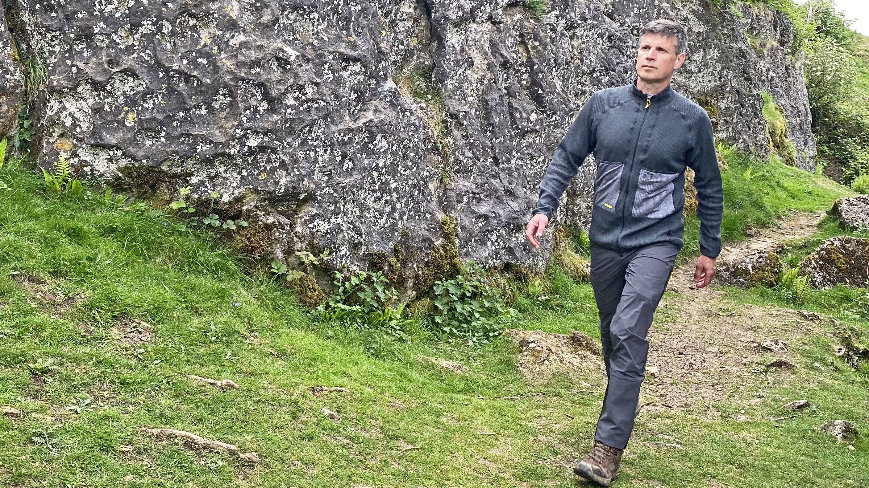 Hiker wearing the Haglofs L.I.M ZT II Air Mid in the Mendip Hills
