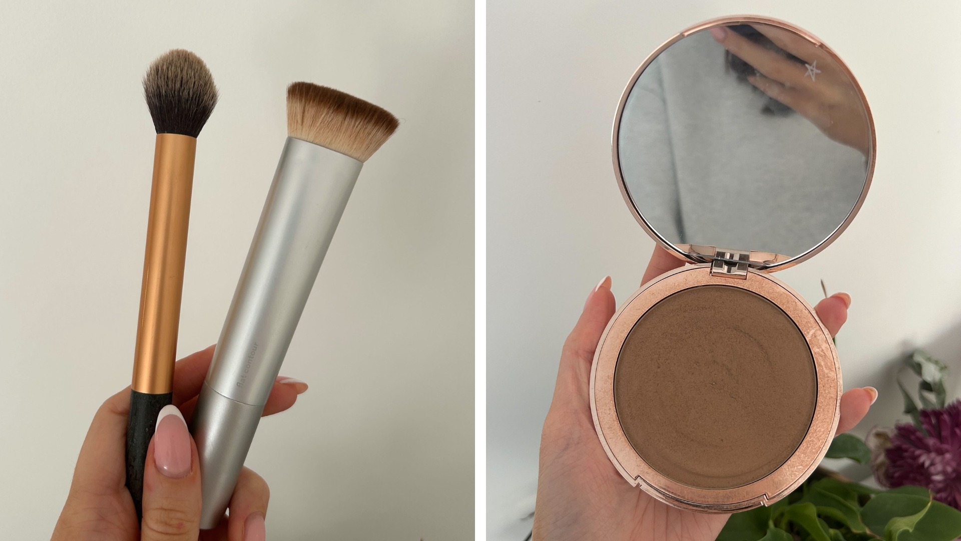 On the left, two Real Techniques bronzer brushes, on the right hand holding the open compact of Charlotte Tilbury&#039;s Beautiful Skin Bronzer