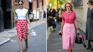 Two women wearing skirts and t-shirts