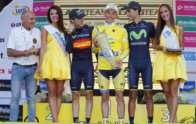 Tour of Poland final podium: Rafal Majka (Tinkoff - Saxo), Jon Izaguirre (Movistar) and Benat Intxausti (Movistar)