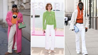 street style models wearing white jeans outfits with bright jumpers