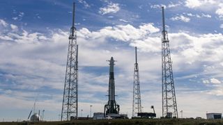 A SpaceX Falcon 9 rocket stands ready for launch at Cape Canaveral Air Force Station in Florida.