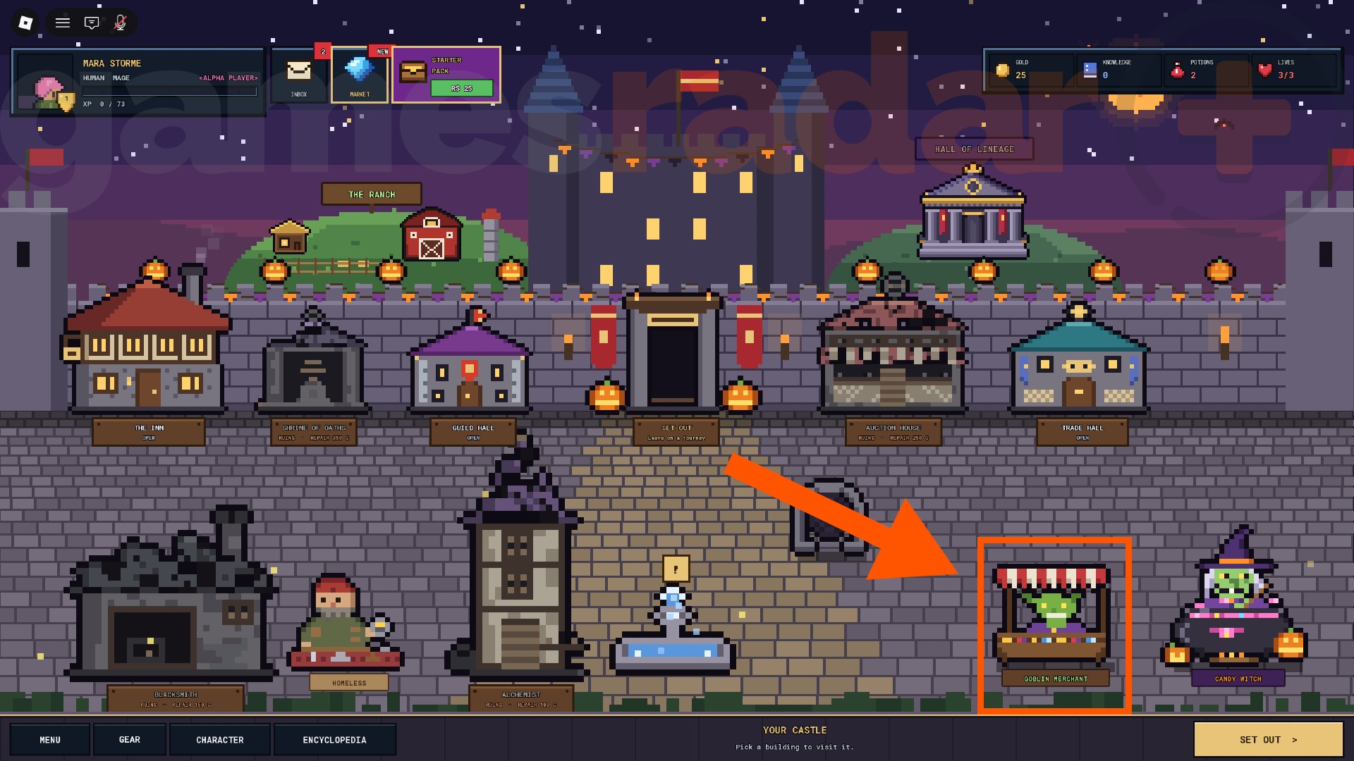 An orange arrow points to the Goblin Merchant where you can redeem Pixel Lineage codes.