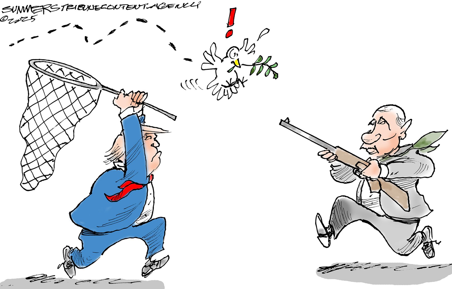 
                                This cartoon depicts Donald Trump and Vladimir Putin chasing after a confused dove. Trump runs after it with a net. Putin runs after it with a rifle.
                            