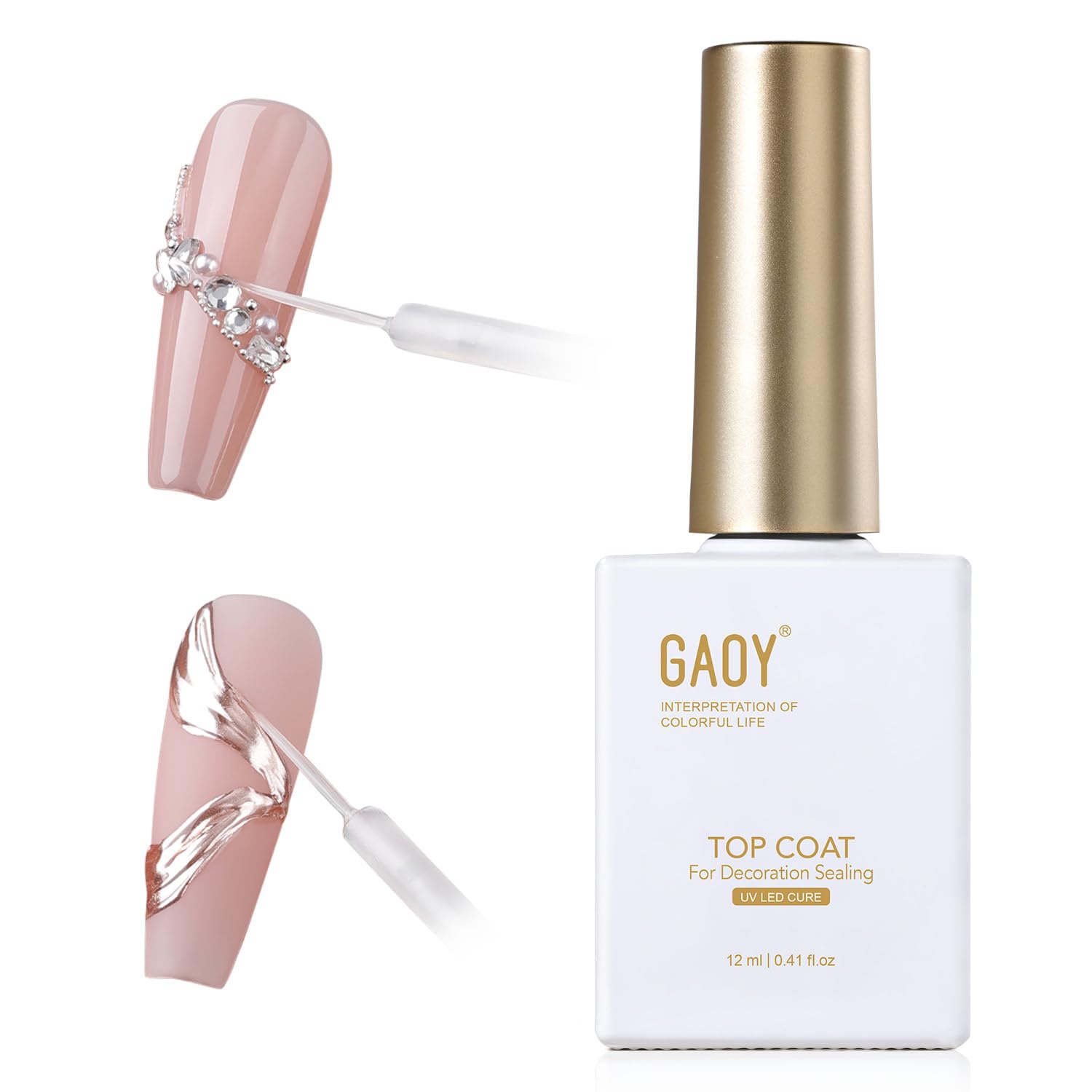 Gaoy Gel Top Coat for Decoration Sealing, 12ml Clear No Wipe Nail Gel With Fine Brush, Strong Adhesion for Mirror Chrome Powder, Rhinestones & Gap Filling, Flawless Chrome Finish, Uv Light Cure