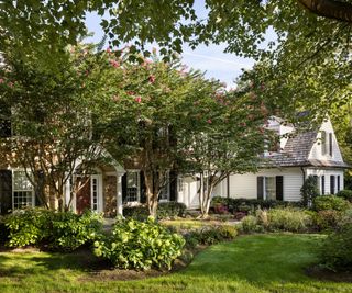 Exterior of a white clad house with lawns and mature plants