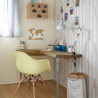 wooden table and chair with lamp