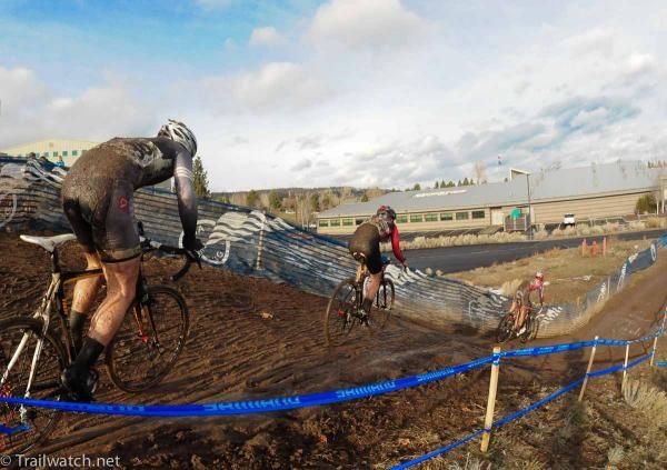 Riders descend off the 180 turn at the extreme end of the course