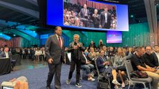Salesforce CEO Marc Benioff pictured with Nvidia CEO Jensen Huang during the opening day keynote at Dreamforce 2026, hosted at the Moscone Center in San Francisco, USA.