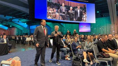 Salesforce CEO Marc Benioff pictured with Nvidia CEO Jensen Huang during the opening day keynote at Dreamforce 2026, hosted at the Moscone Center in San Francisco, USA.