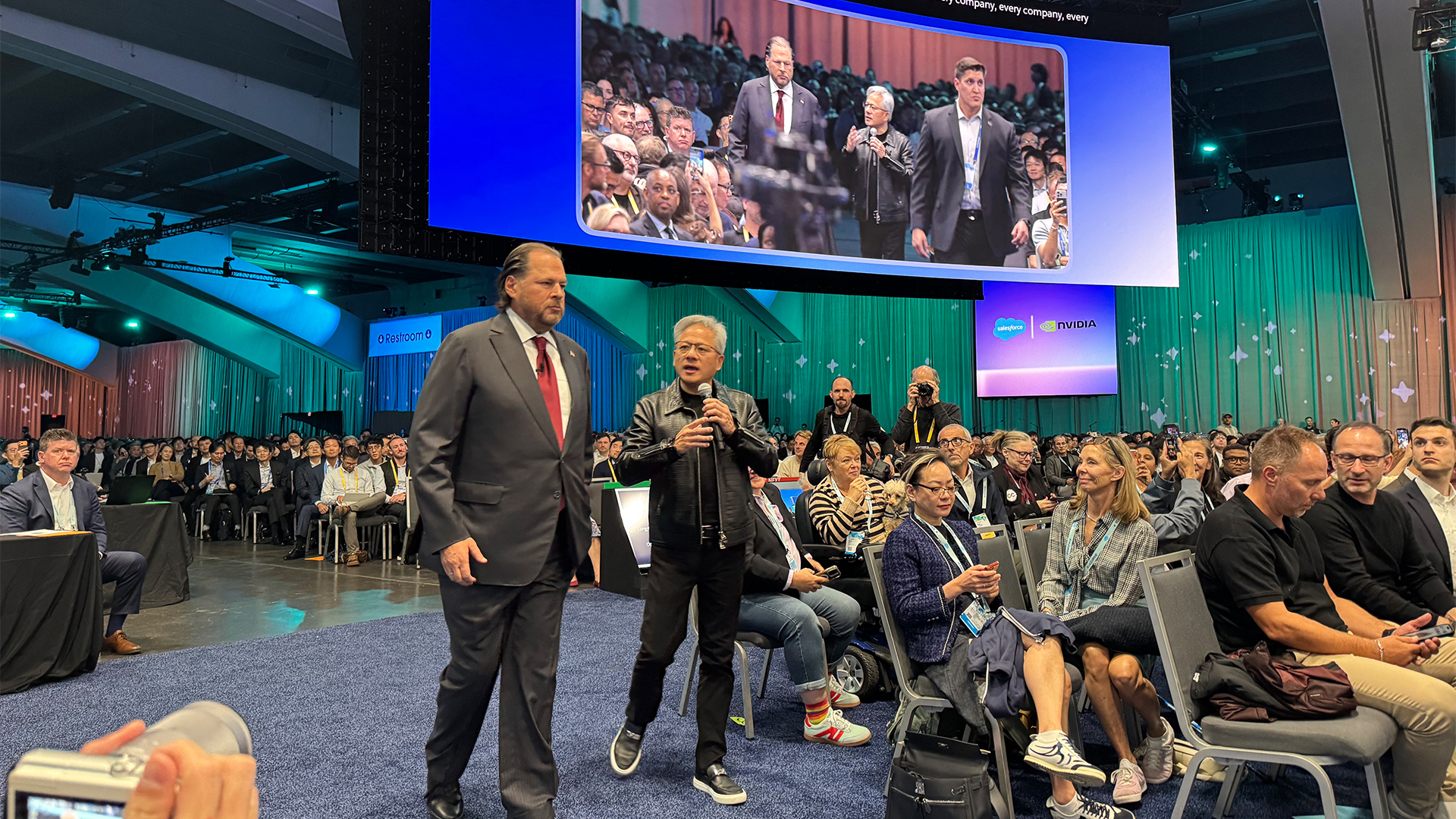 Salesforce CEO Marc Benioff pictured with Nvidia CEO Jensen Huang during the opening day keynote at Dreamforce 2026, hosted at the Moscone Center in San Francisco, USA.