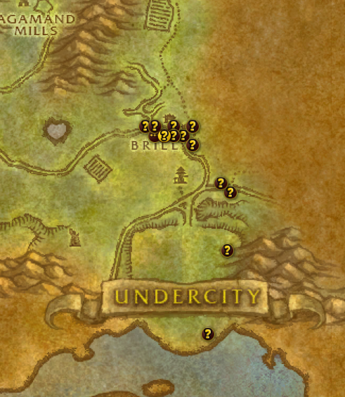 A screenshot of a map in World of Warcraft, flooded with quests ready to turn in.