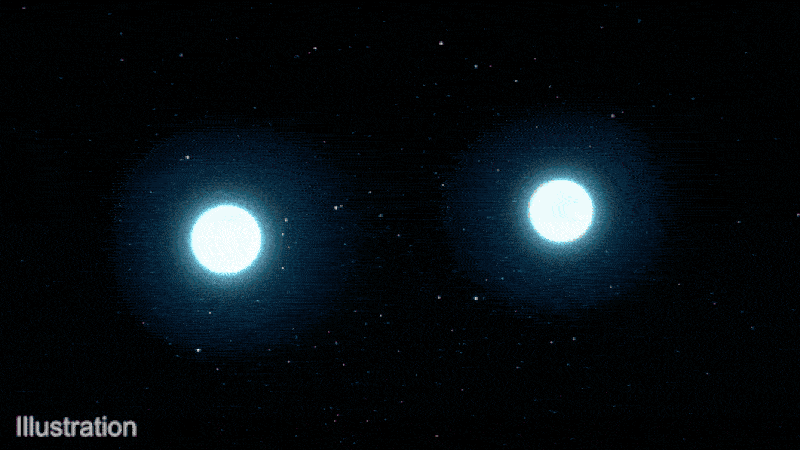 Looped animation that shows how neutron stars merge by spinning around one another before exploding in a GRB