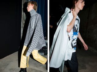 Models wear jumper, jacket and tailored trousers at Raf Simons S/S 2019